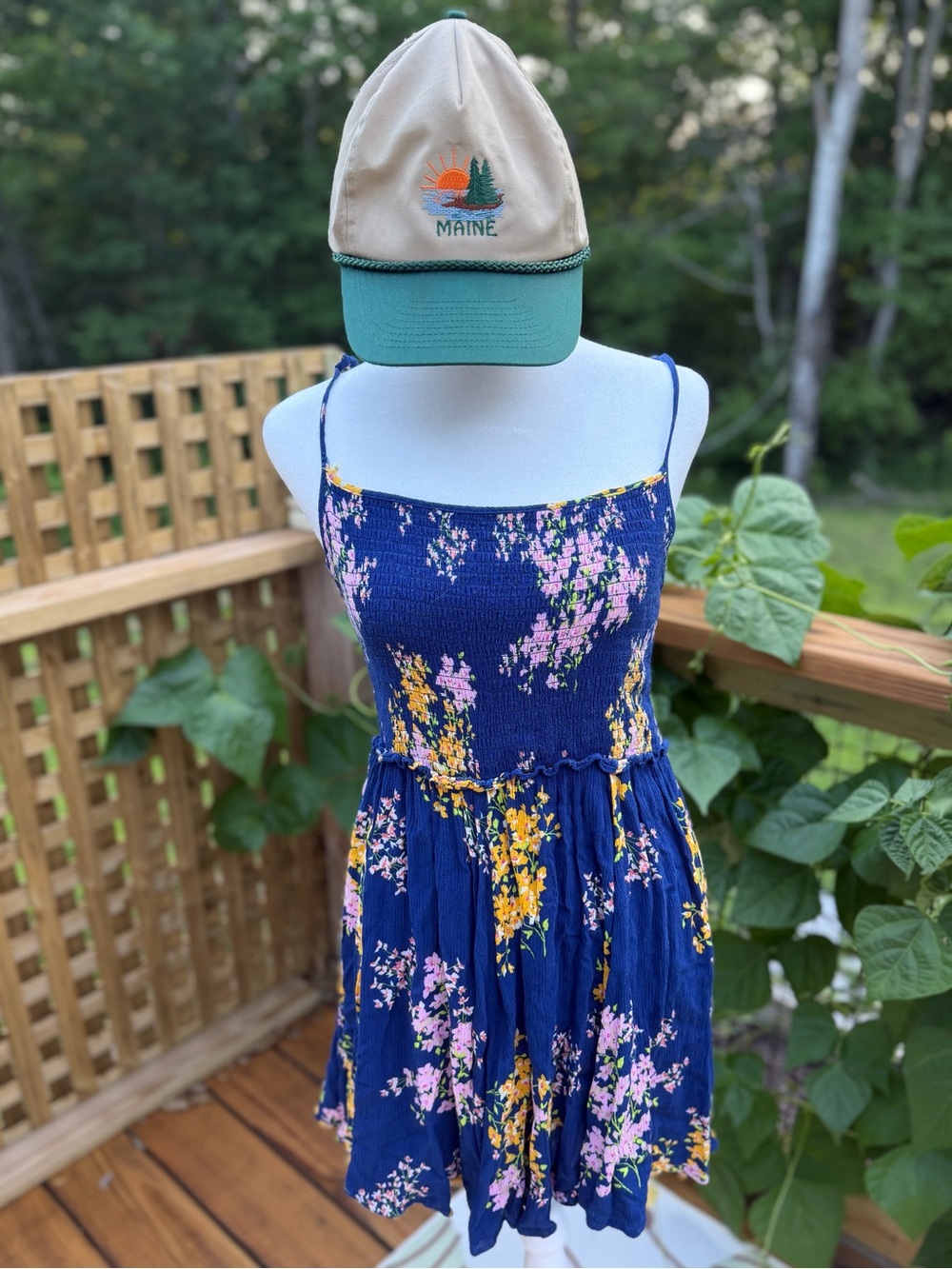 Lulus Navy Floral Smocked Mini Dress - Size M (Gently Worn) *HAT NOT INCLUDED*